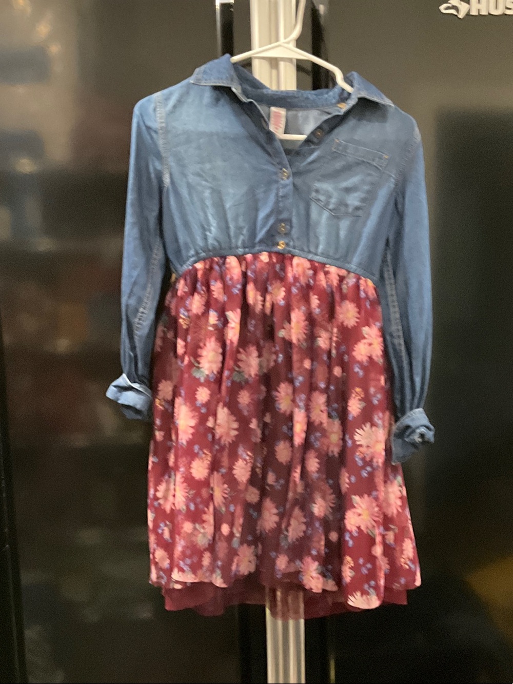 Justice Blue Chambray Top with Burgundy Floral Skirt Dress